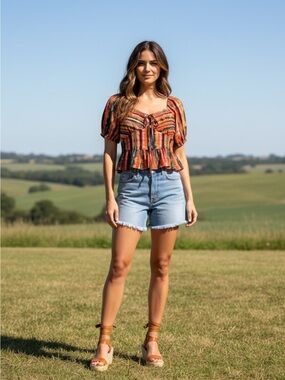 Jessica Simpson Vibrant Striped Puff Sleeve Cropped Blouse NEW retail $69